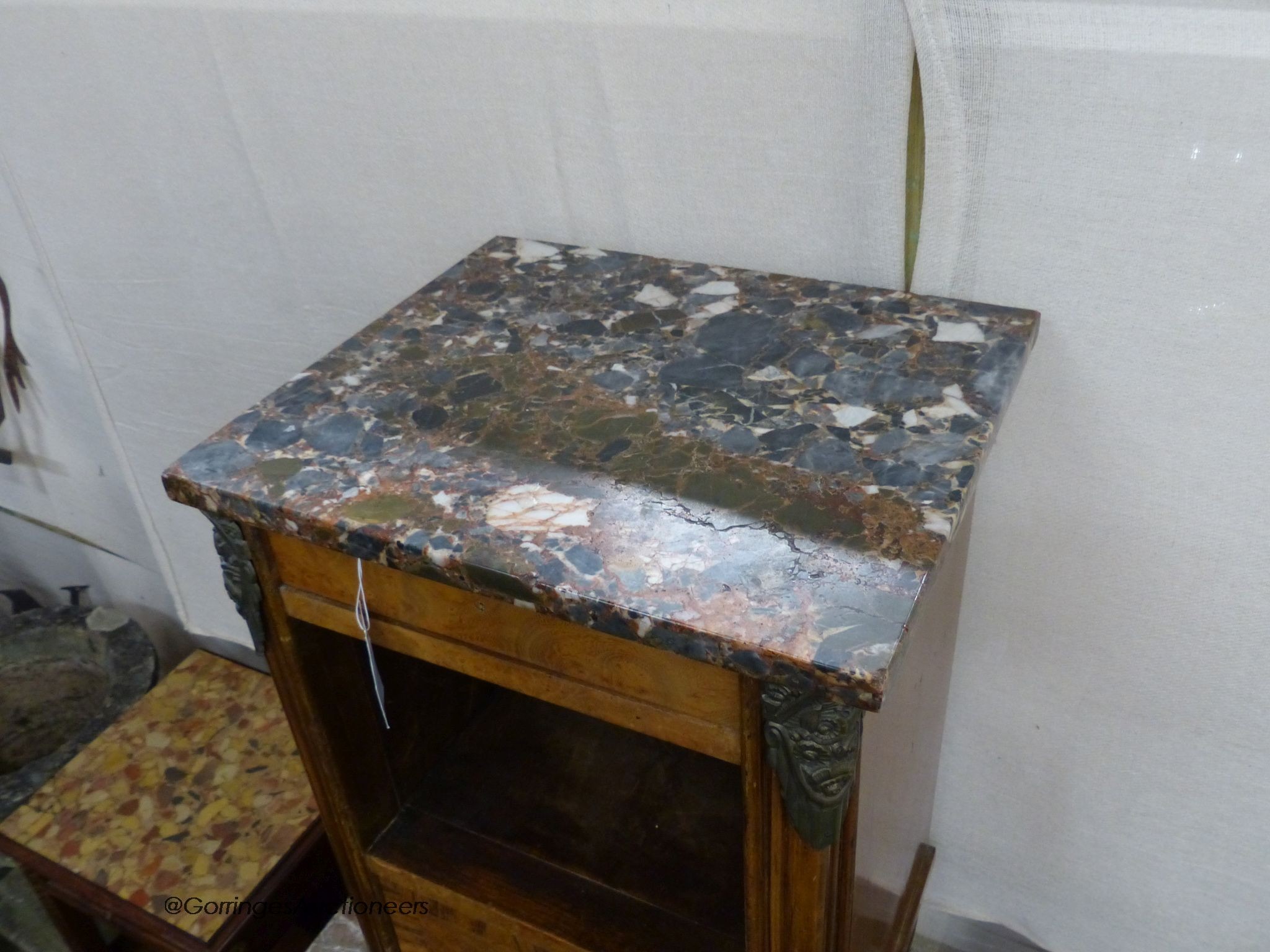 A French marble topped bedside cabinet, width 42cm, depth 36cm, height 78cm